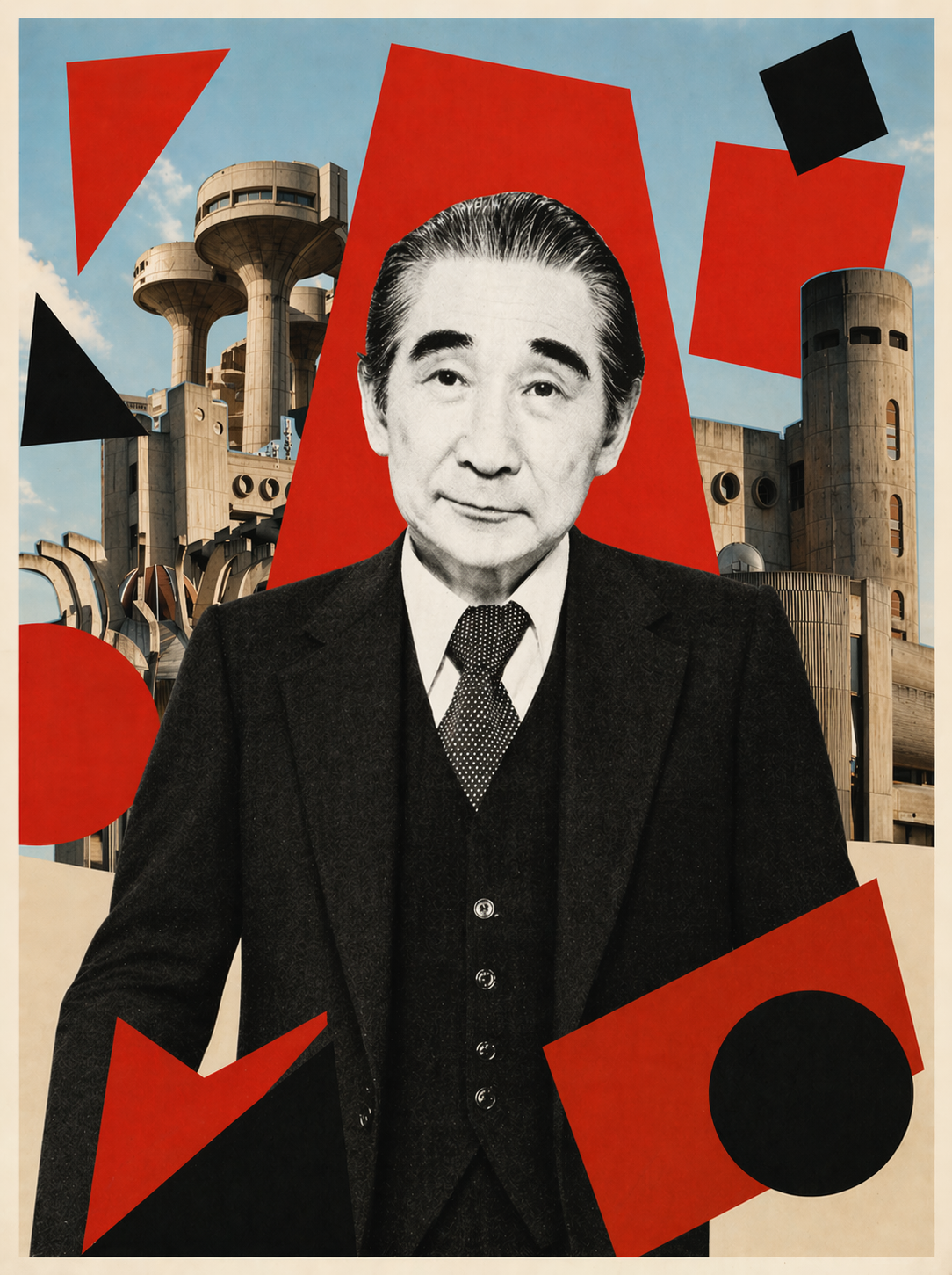 Editorial collage portrait with red geometric forms and brutalist architecture.