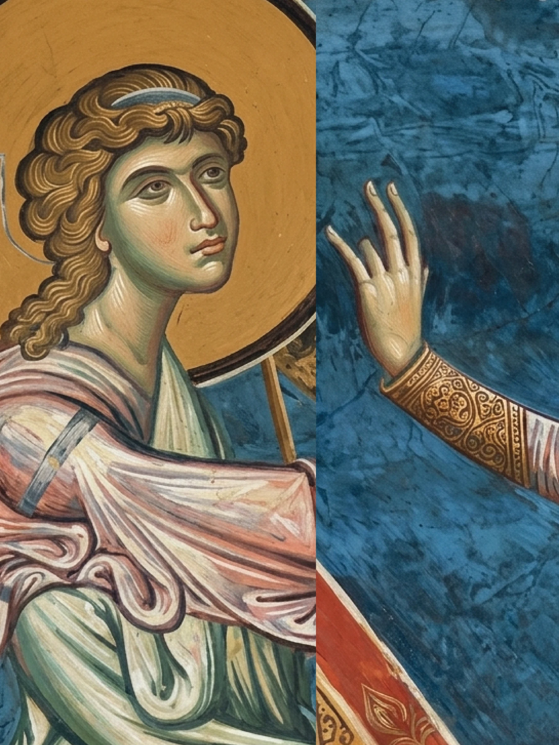 Collage detail of the Archangel Gabriel fresco and a painted hand against a blue field.