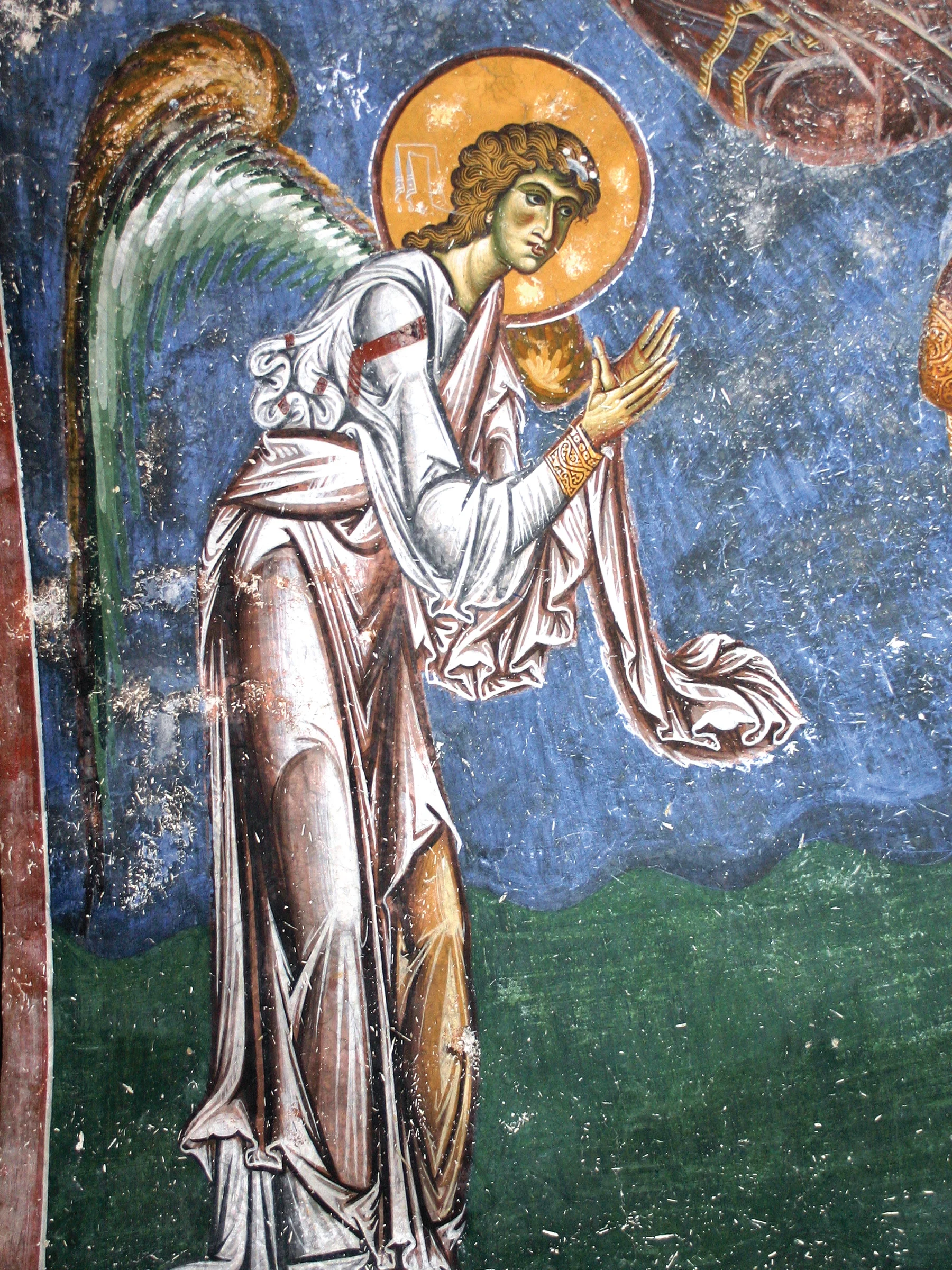 Full figure of the Archangel Gabriel fresco at the Church of Saint George in Kurbinovo.