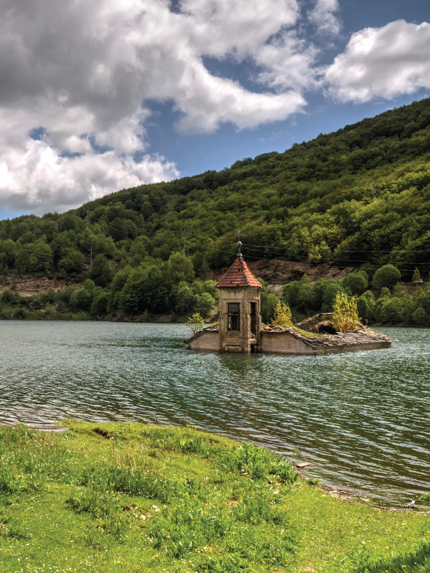 The partially submerged Church of Saint Nicholas in Mavrovo Lake.