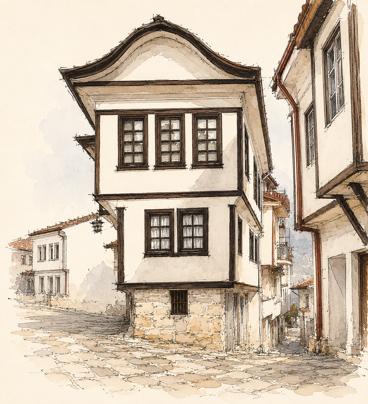 Watercolor illustration of a traditional Ohrid house on a stone street.