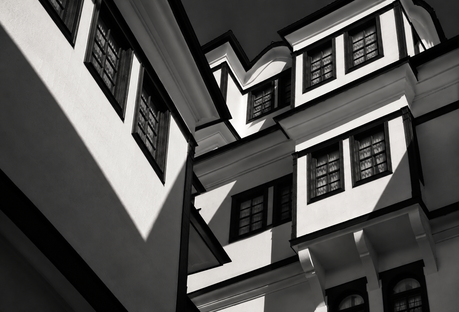 Architectural sketch of traditional Ohrid house forms and projecting upper floors