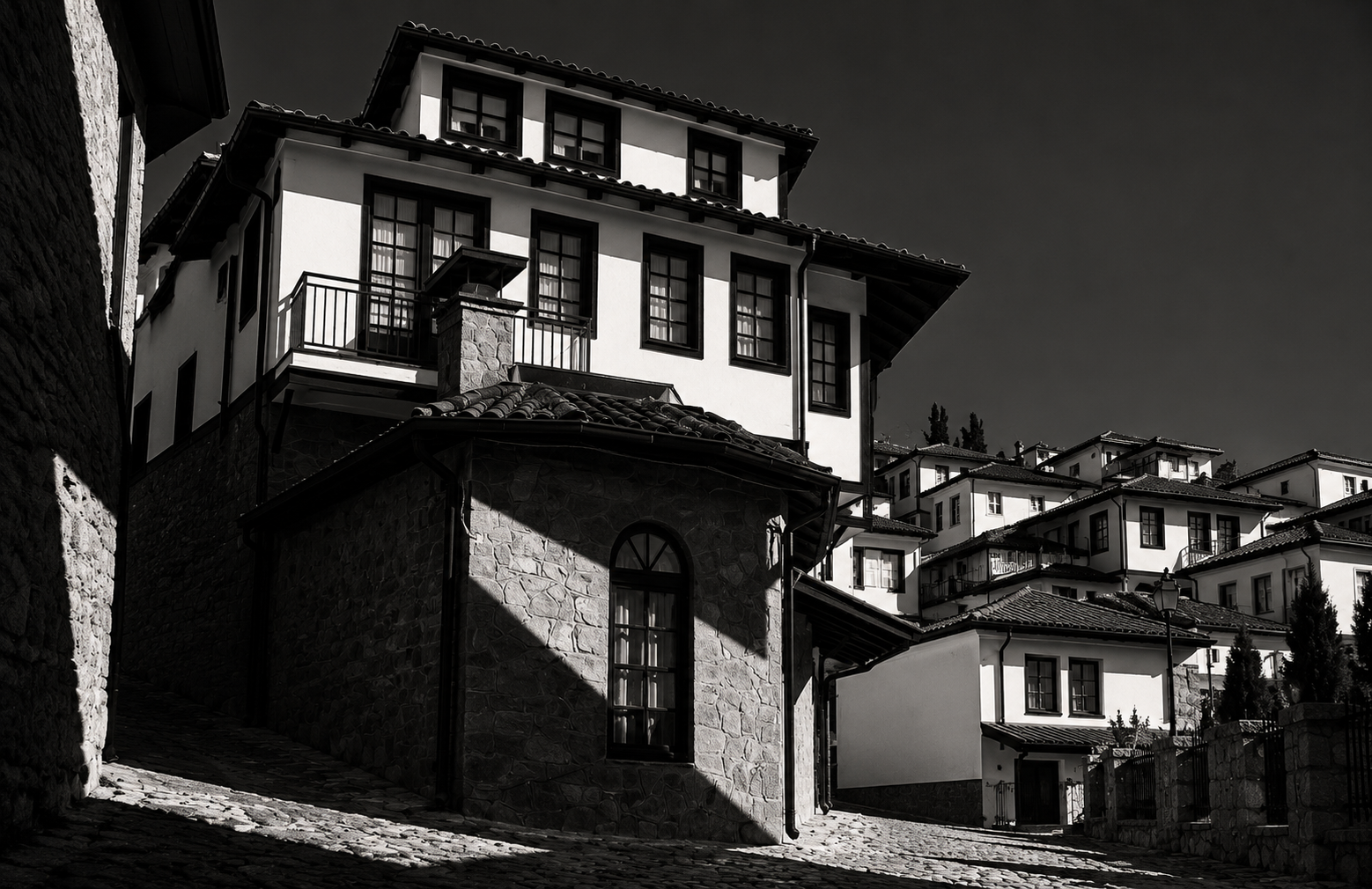Detail sketch of Ohrid vernacular house windows, timber framing, and roof eaves
