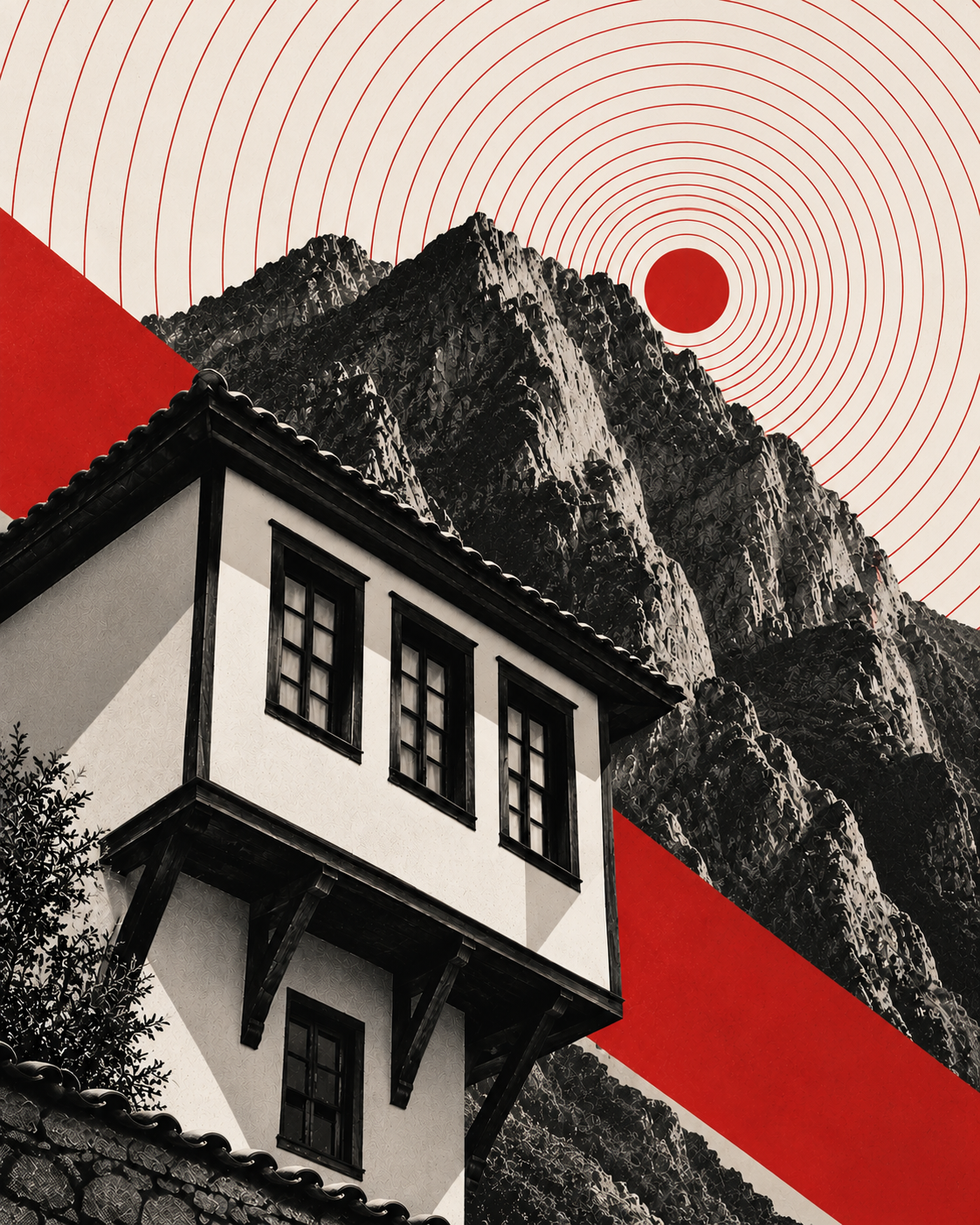 Black-and-white collage of Ohrid house architecture with white plaster and dark timber windows.