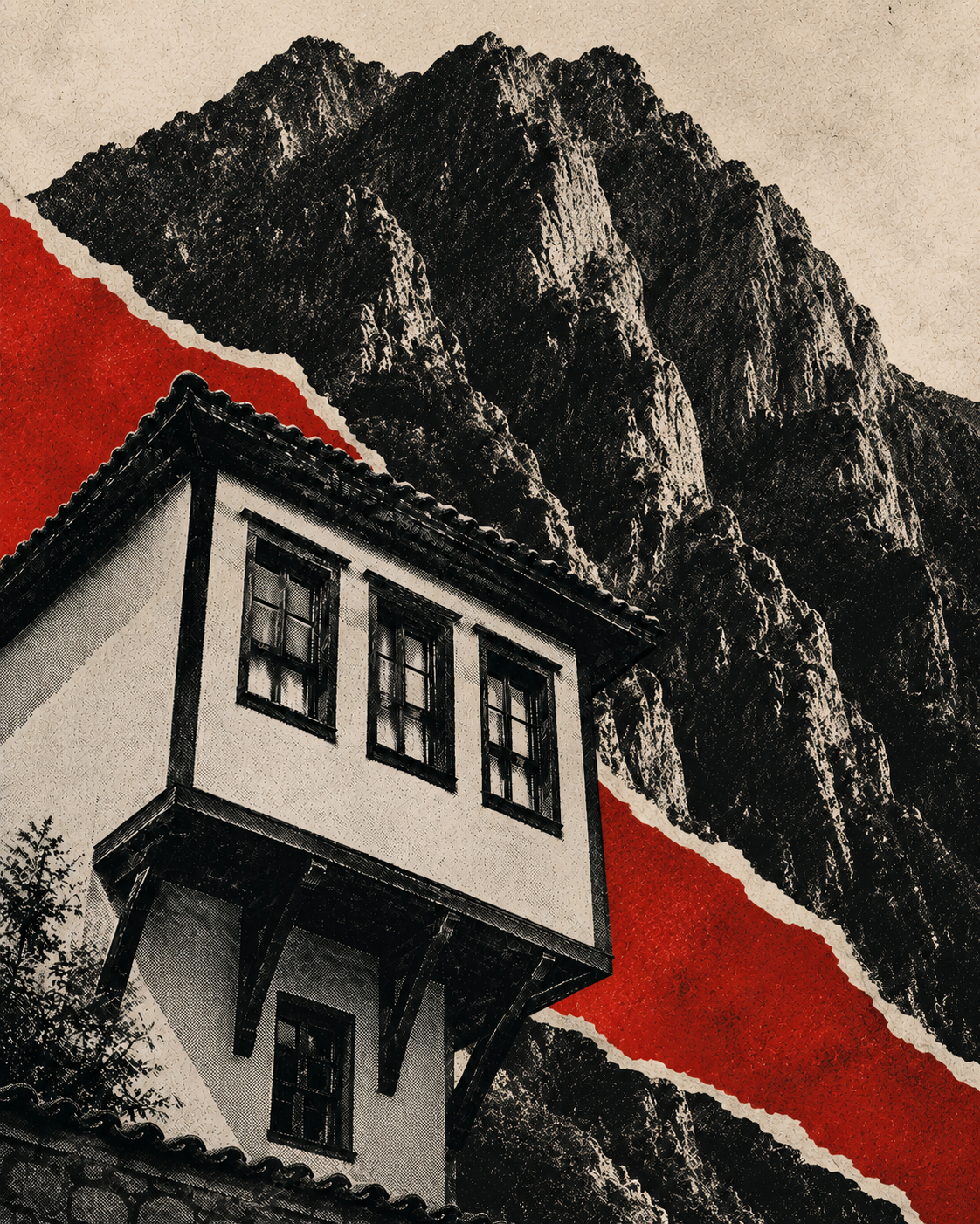 Black-and-white collage of Ohrid house architecture with white plaster and dark timber windows.