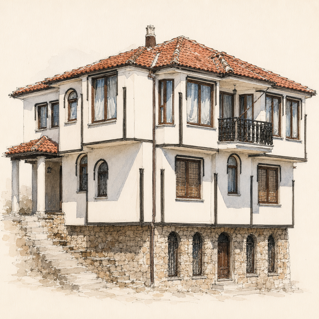 Watercolor illustration of a traditional Ohrid house with a red tile roof and stone base.
