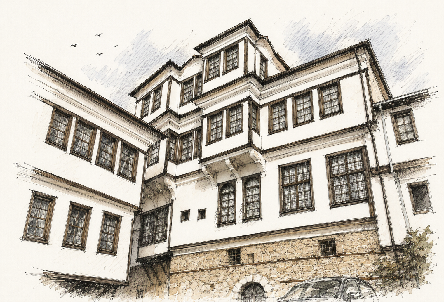 Architectural sketch of traditional Ohrid house forms and projecting upper floors