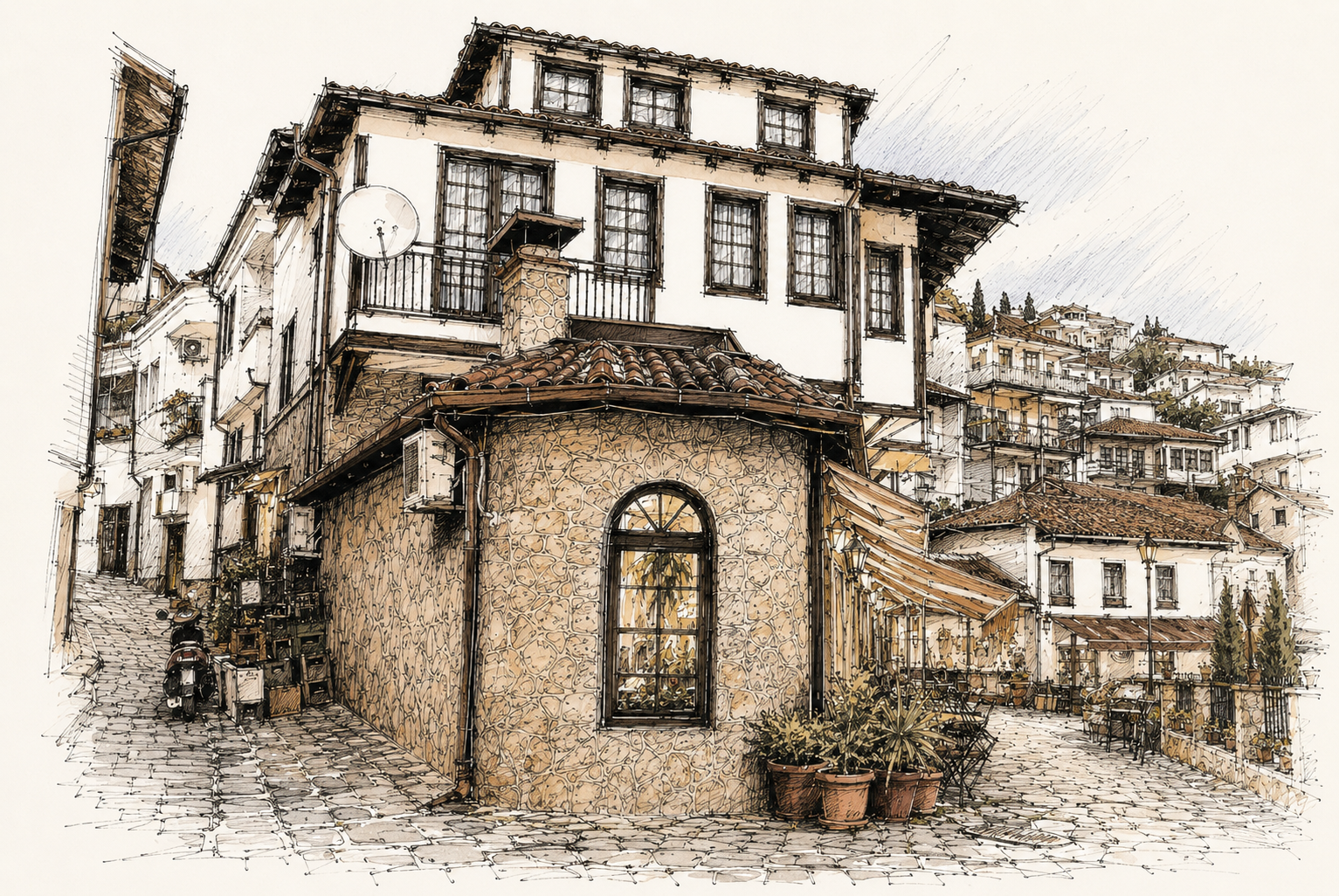 Detail sketch of Ohrid vernacular house windows, timber framing, and roof eaves