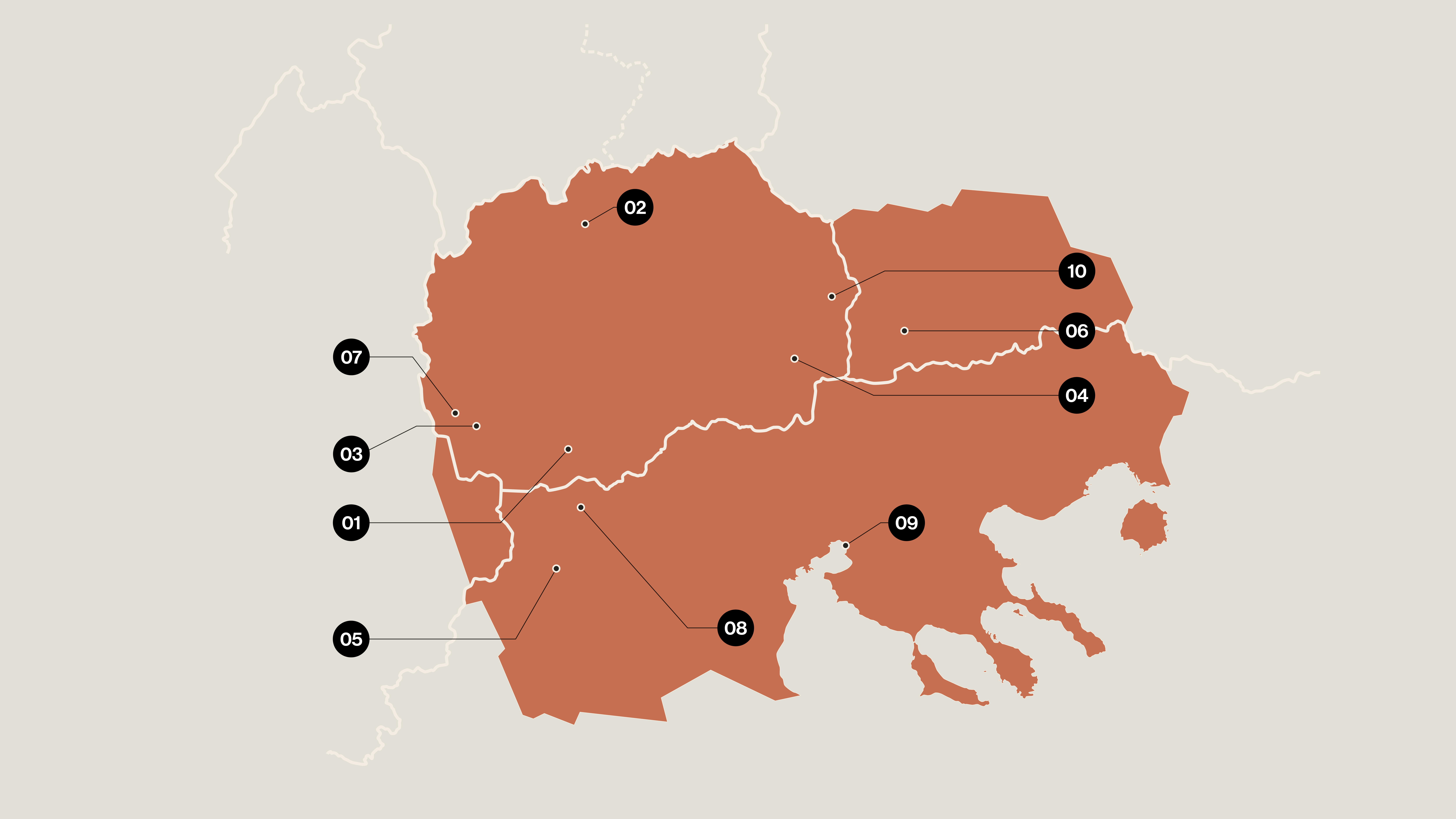 Map locating the ten cities in the Muzej Quality of Life Survey 2026 by final rank.