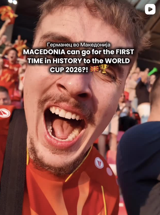 Finn Wattchow celebrating at a Macedonia football match in a social media video screenshot.