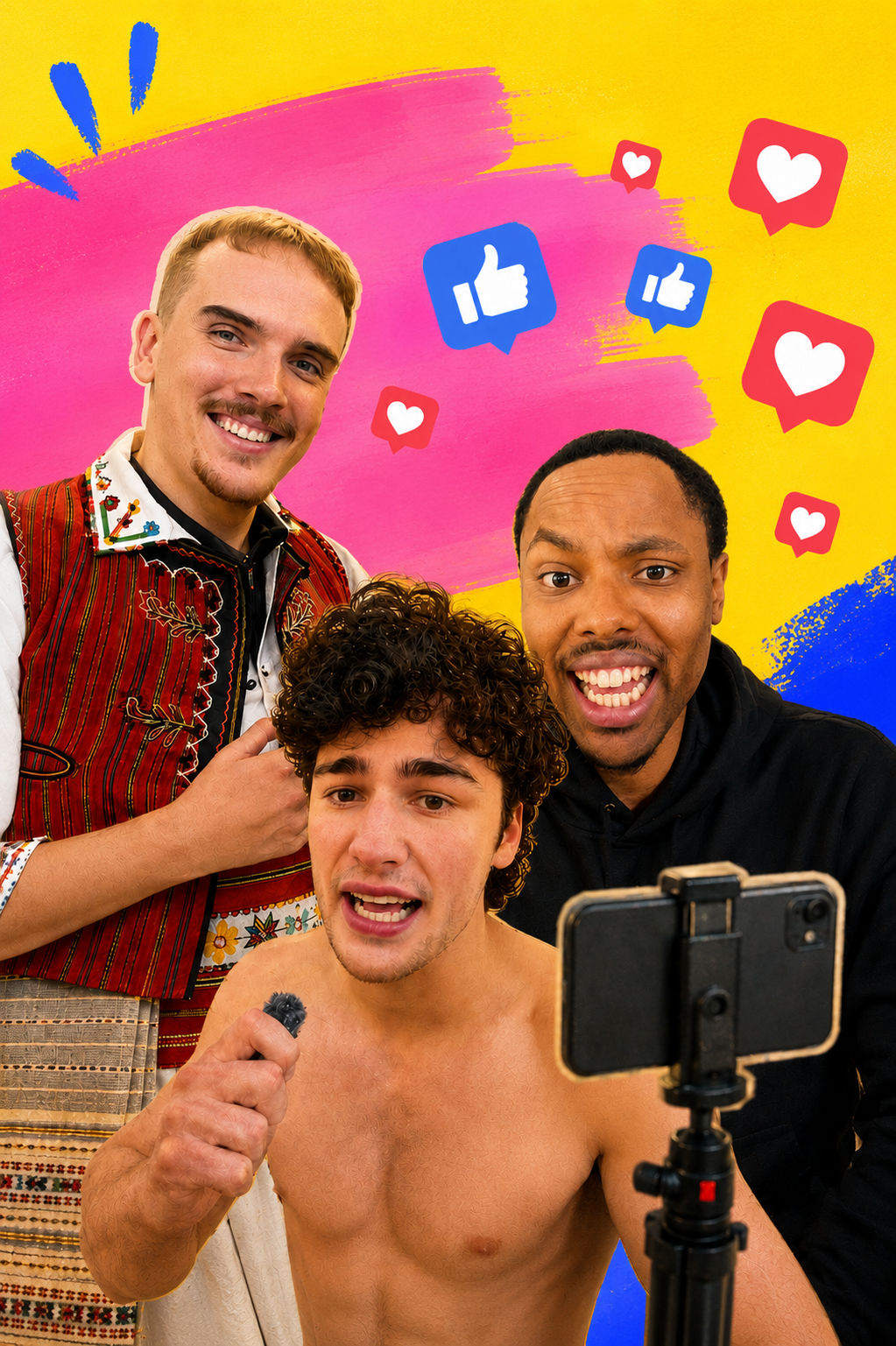 Three people posing for a phone camera against a yellow and pink painted backdrop with social media icons.