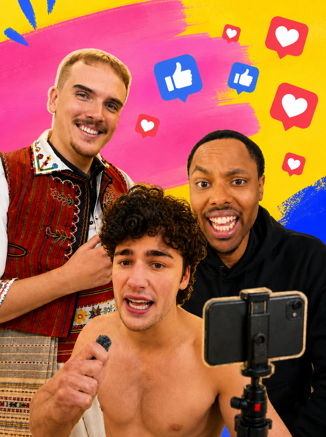 Three people posing for a phone camera against a yellow and pink painted backdrop with social media icons.