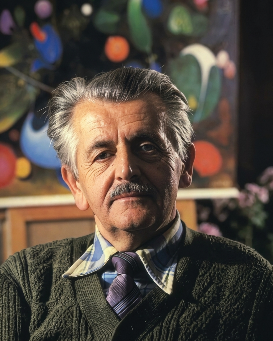 Portrait of Vangel Naumovski seated before one of his paintings