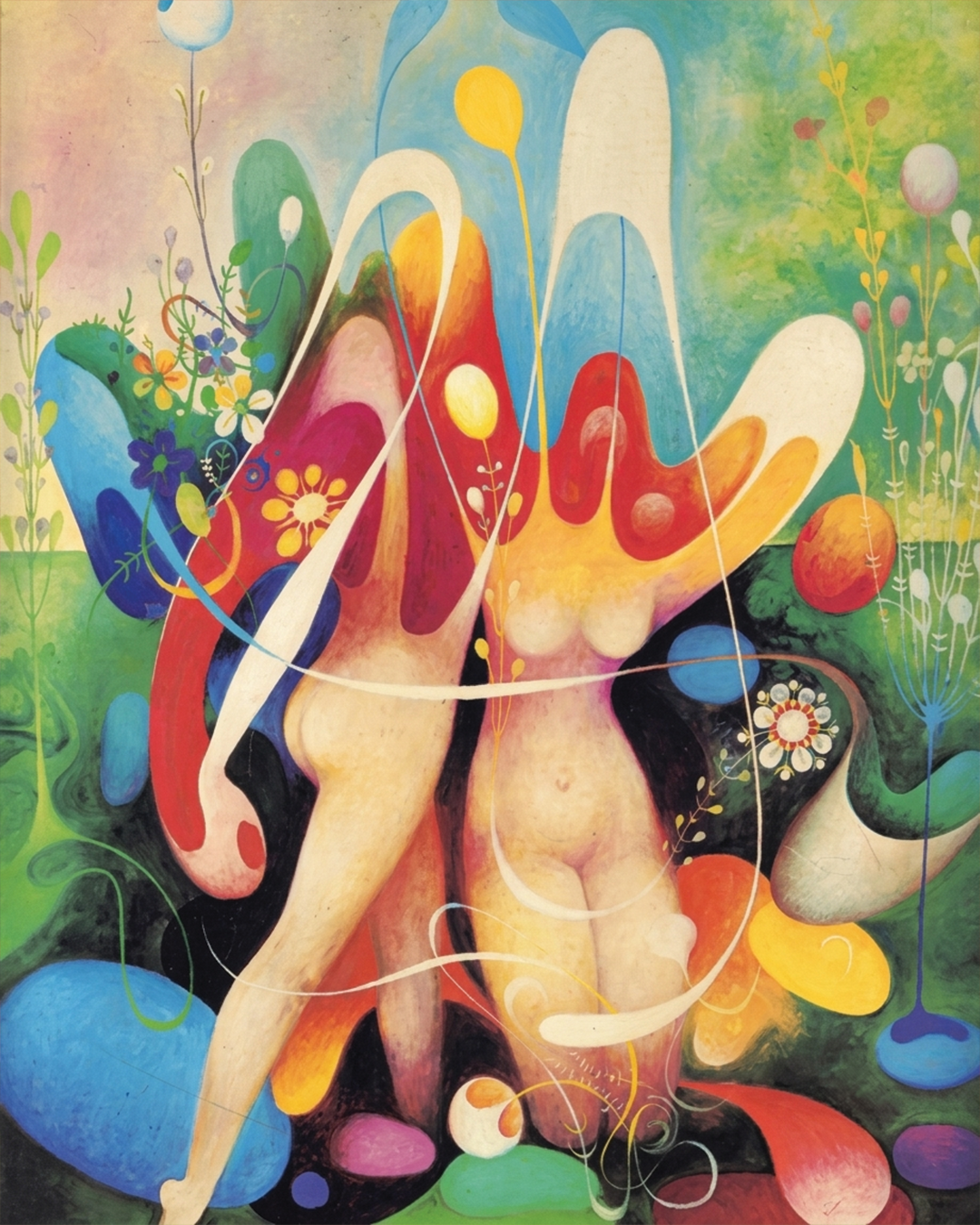 Pastel biomorphic painting with intertwined figures and flowers by Vangel Naumovski