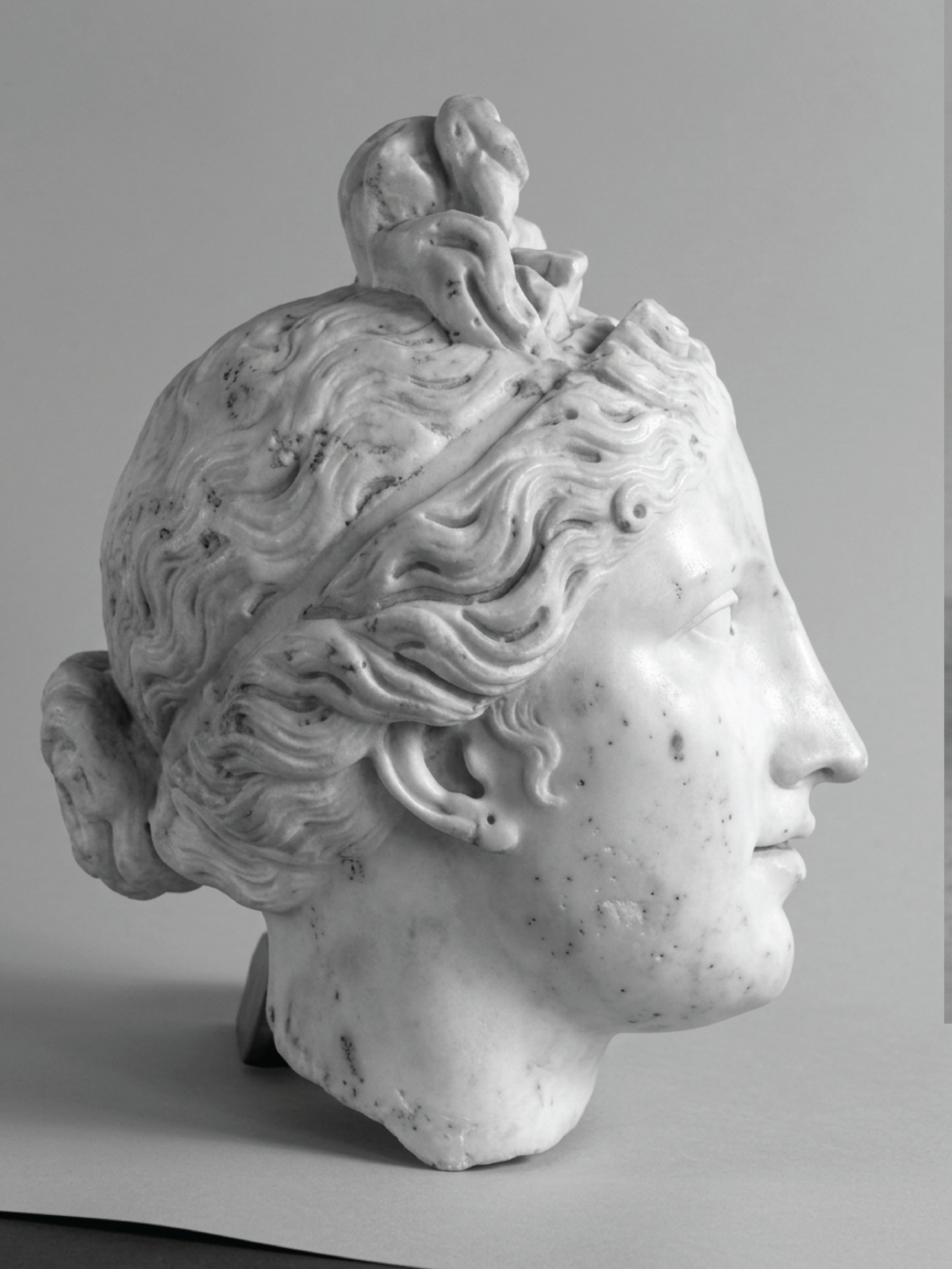 Three-quarter view of the marble head associated with the Venus of Skupi.