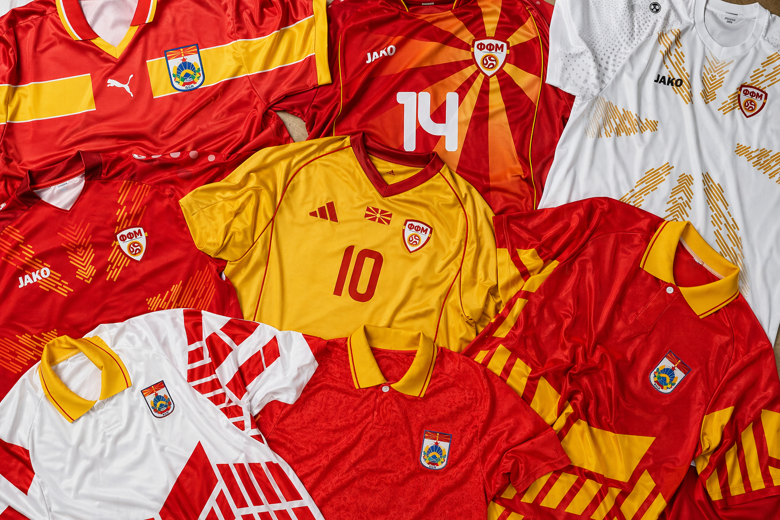 A collection of Macedonian football shirts in red, yellow, and white.