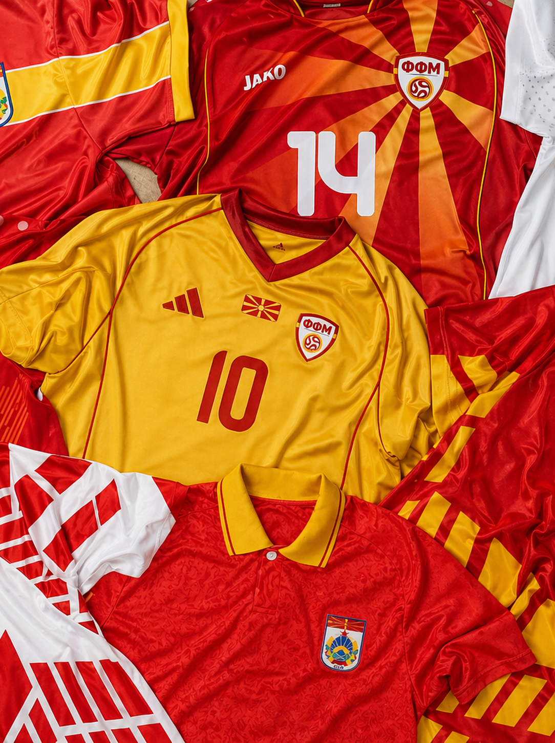 Portrait crop of Macedonian football shirts in red, yellow, and white.